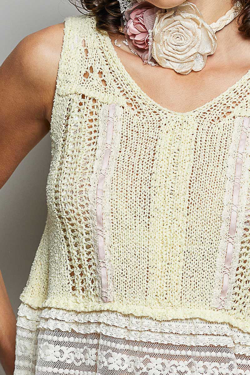 POL Lemon V-Neck Crochet Sweater Vest with Lace Trim