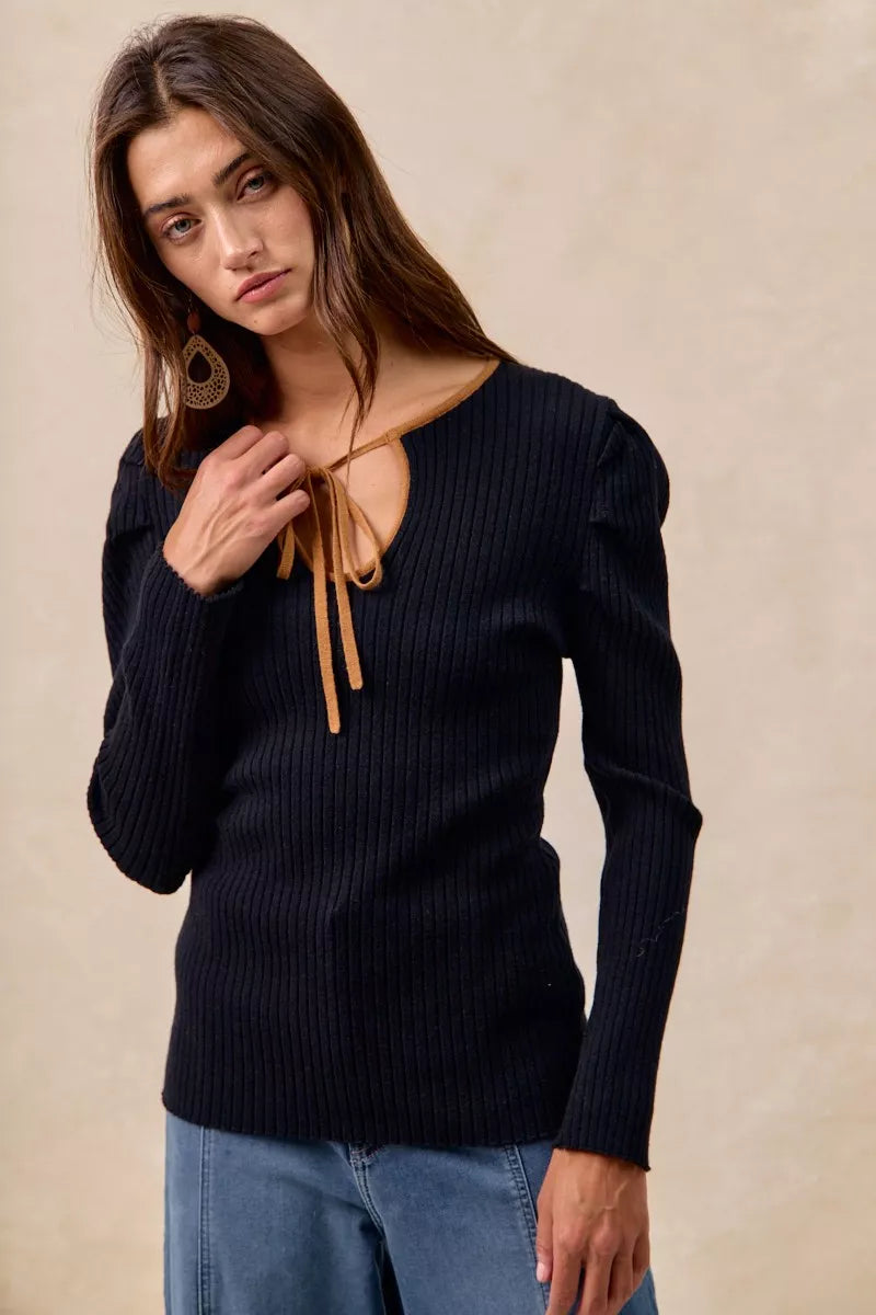 BiBi Black & Camel Ribbed Contrast Front Tied Top with Shrried