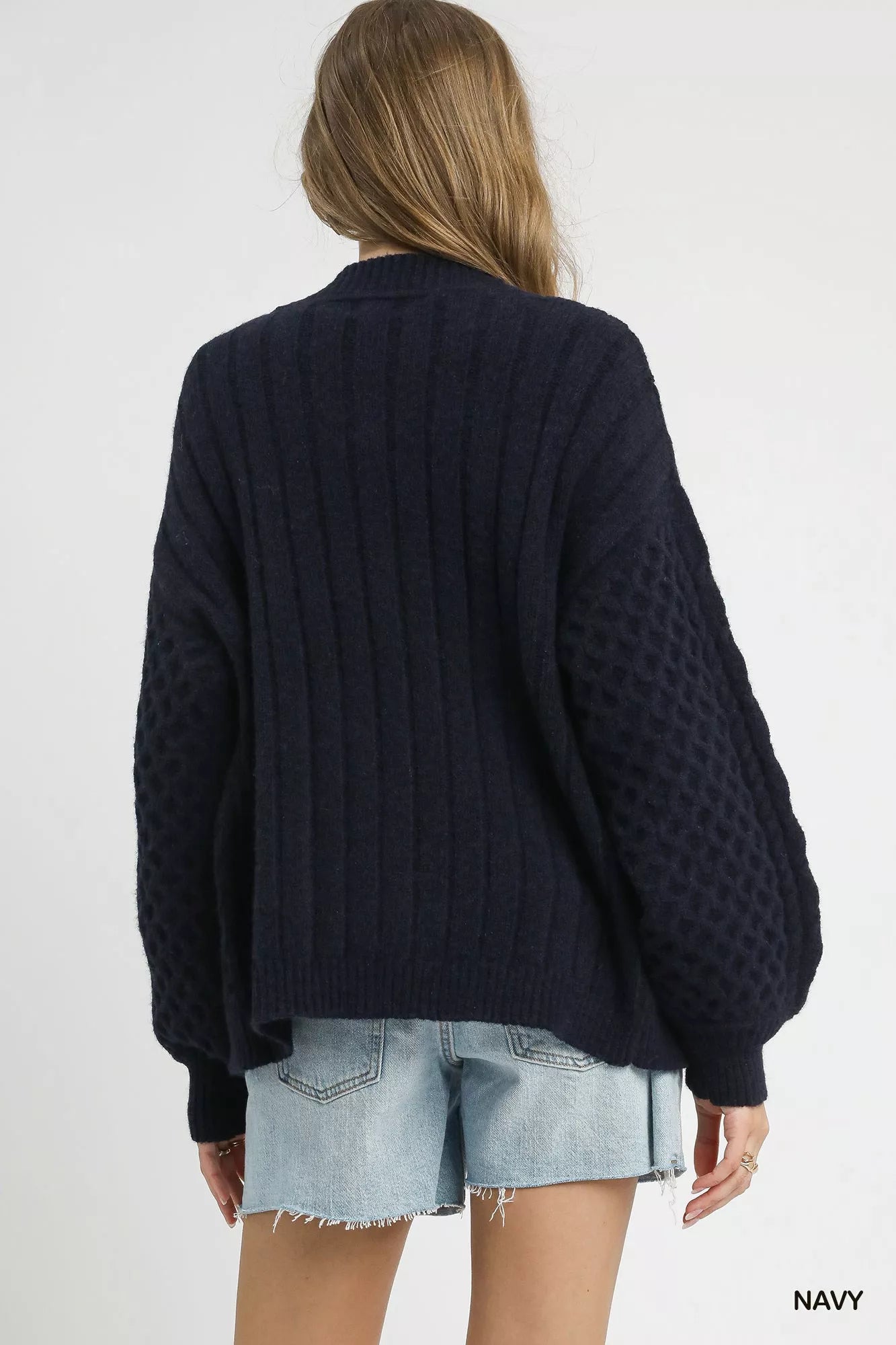 Umgee Cable Knit Pearl Button Cardigan – Navy