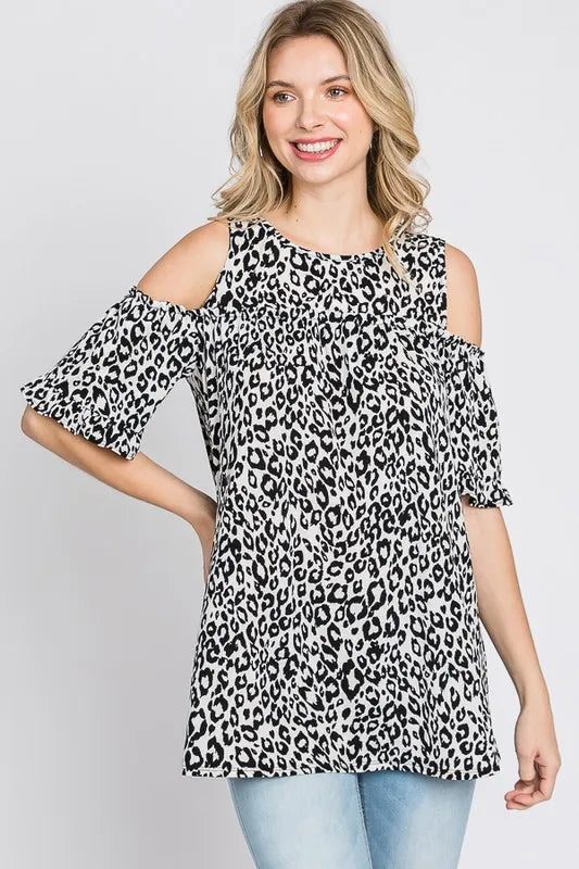 Heimish Ivory and Black Leopard Round Neck Cold Shoulder Top