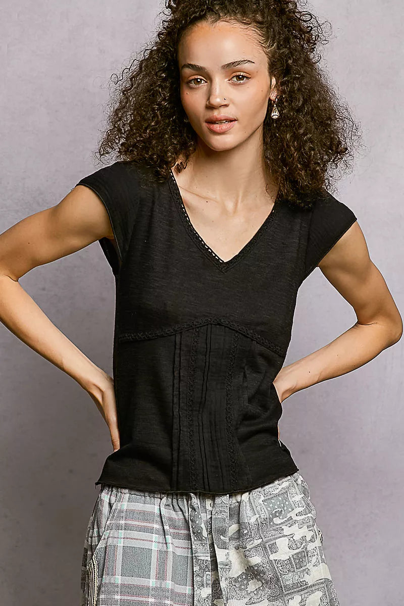 POL V-Neck Lightweight Textured Short Sleeve Knit Top with Lace Trim