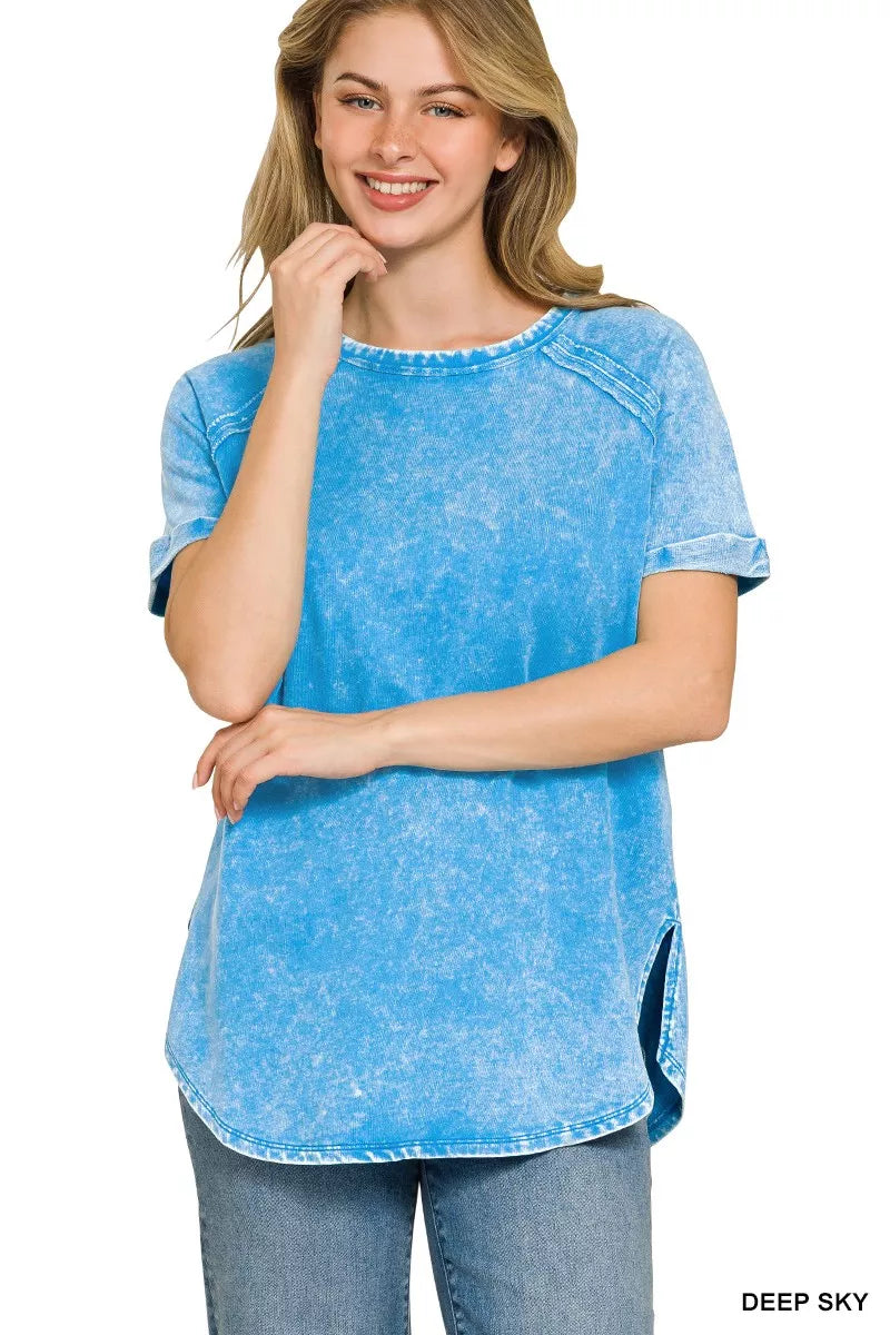 Zenana French Terry Washed Curved Hem Top DEEP SKY