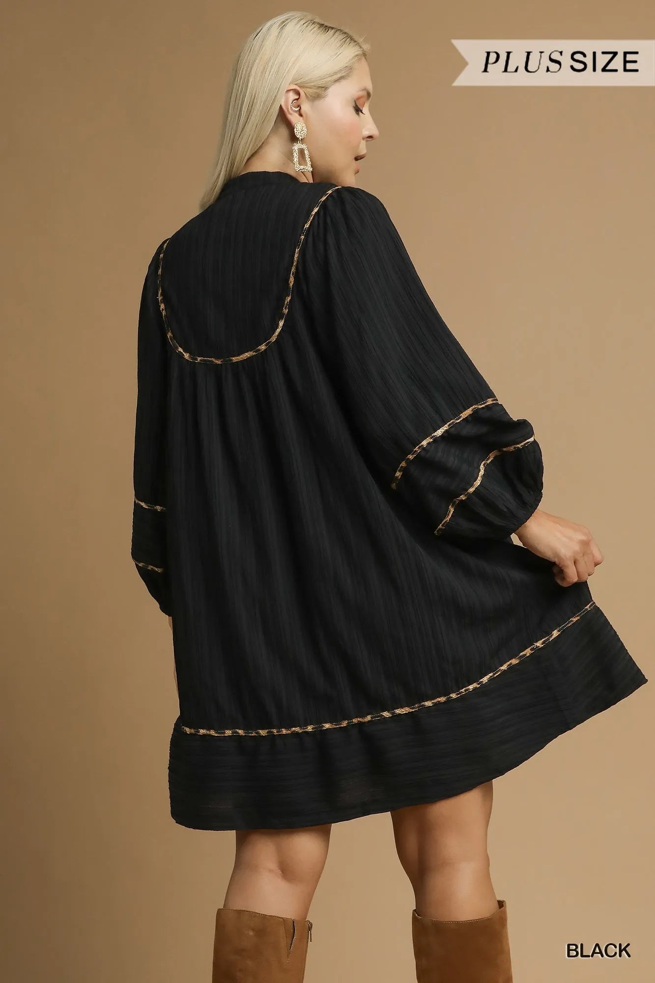 Umgee Black Textured Babydoll Dress with Leopard Trim