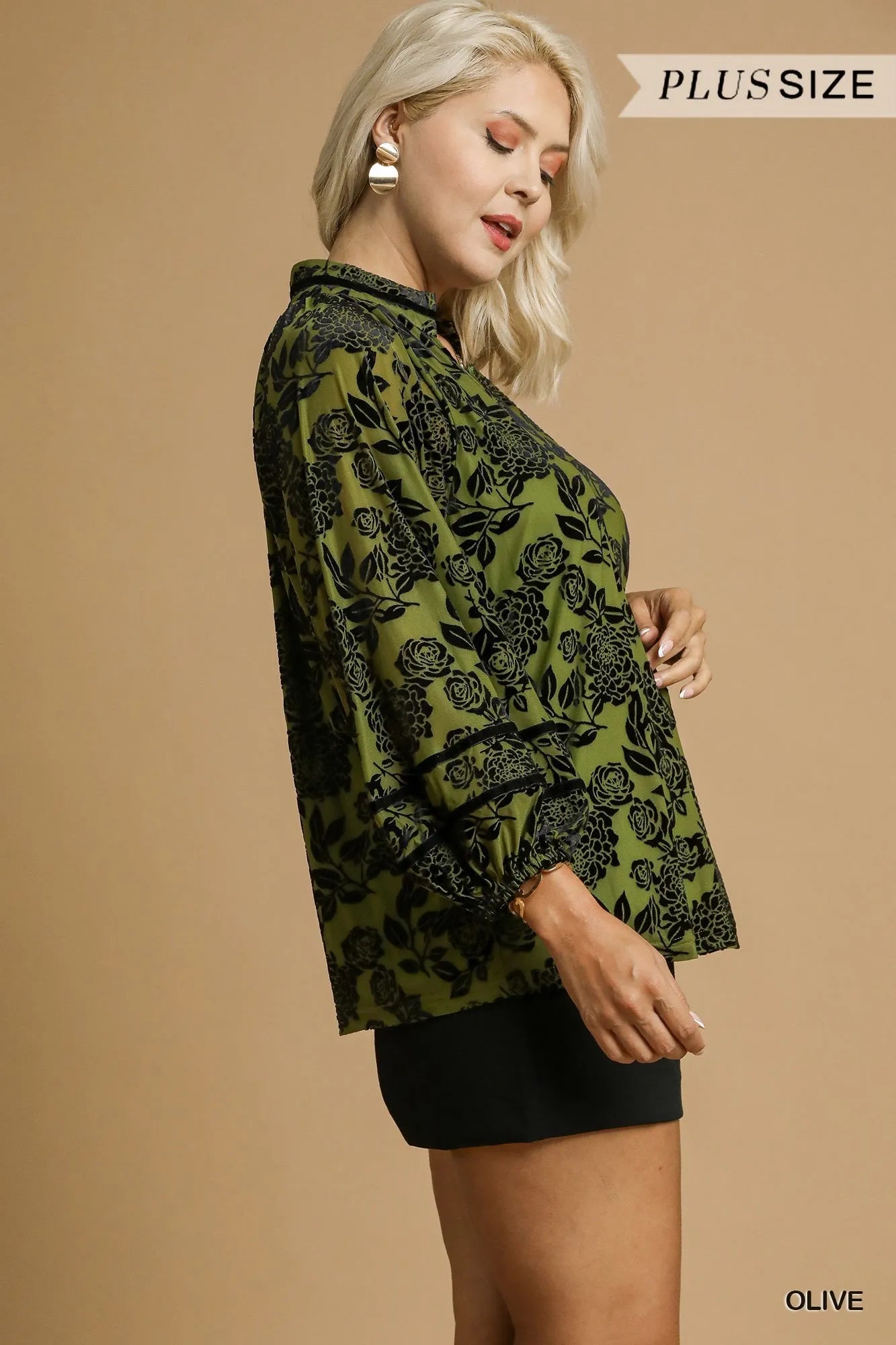 Umgee Olive Floral Velvet Burnout Blouse with Balloon Sleeves