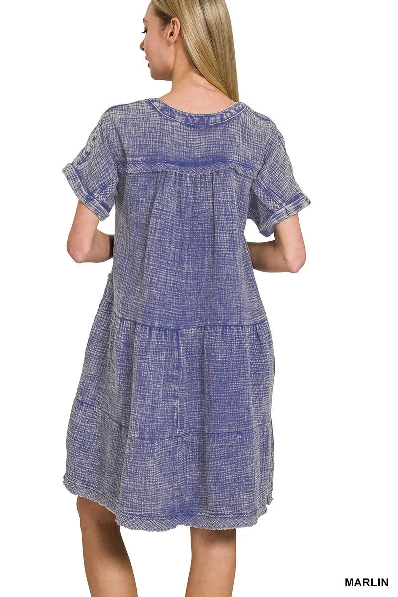 Zenana Ash Black Washed Double Gauze Raw Edge V-neck Dress