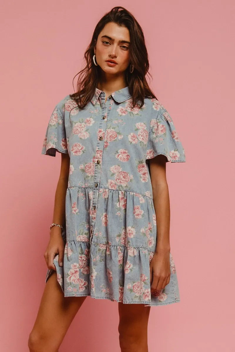BiBi Floral Print Washed Lightweight Tiered Shirt Dress LT DENIM