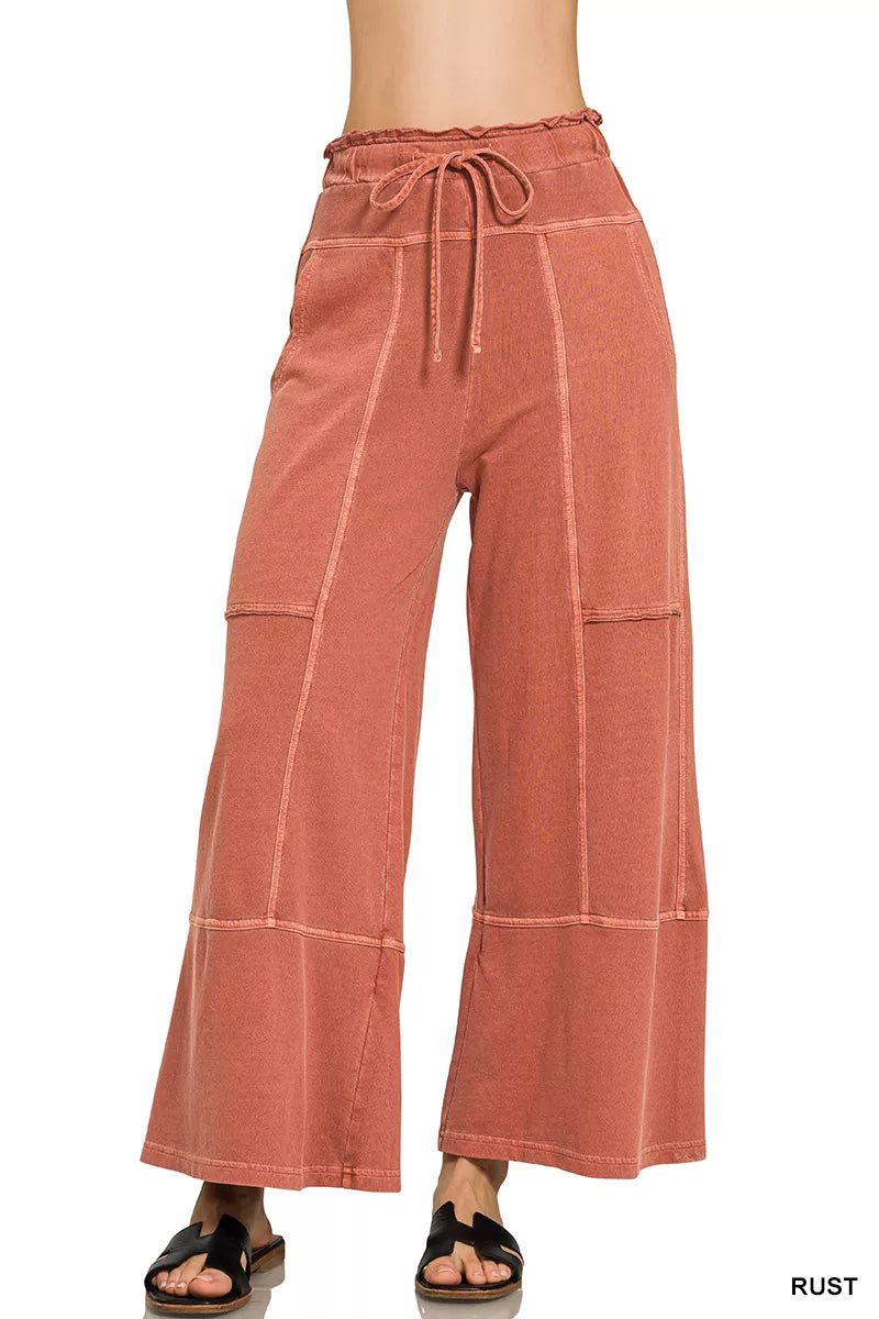 Zenana Rust French Terry Washed Exposed-seam Wide Leg Pants RUST