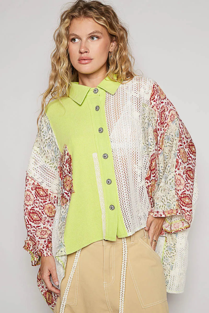 POL Neon Lime Thermal and Crochet Lace Mix Shirt with Floral Pattern