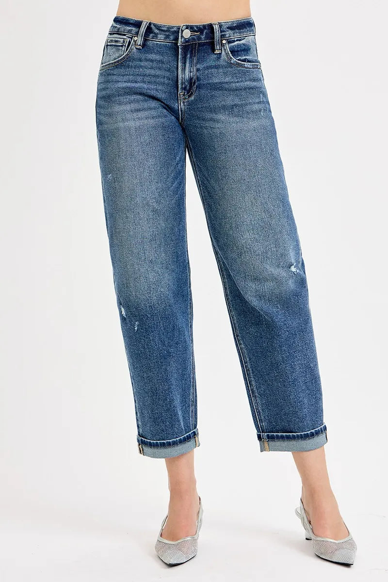 RISEN Dark Washed Low Rise Crop Boyfriend Jeans