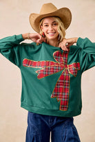BiBi Plaid Ribbon Bow Detail Christmas Fleece Pullover – Green/Red Plaid