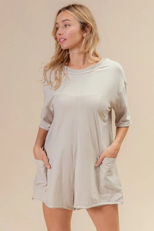 BiBi Oatmeal Short Sleeve Back Open Washed Romper