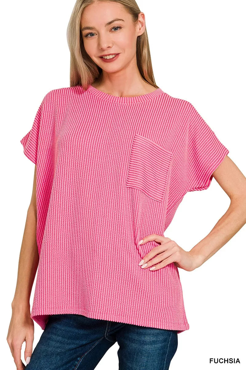 Zenana Fuchsia Raised Rib Front Pocket Boxy Top FUCHSIA
