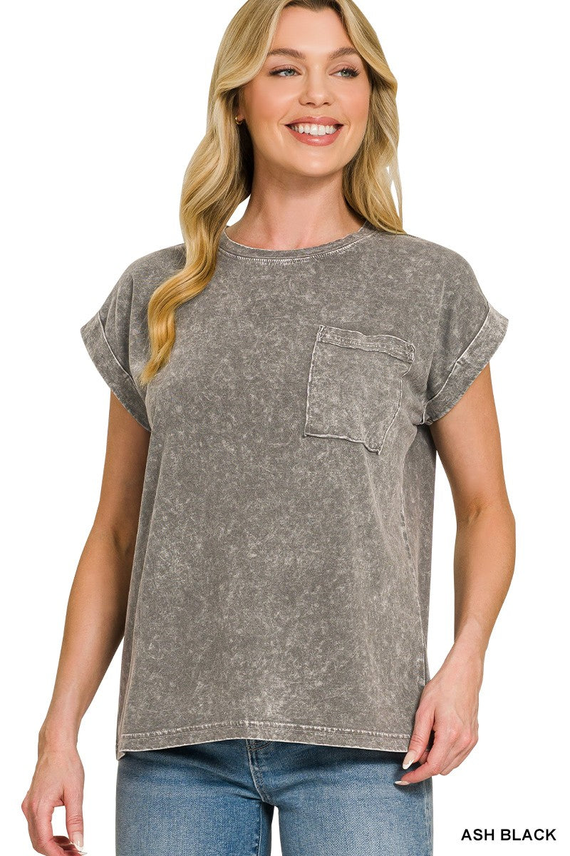 Zenana Ash Black Halo Snow Washed Cuffed Short Sleeve Tee ASH BLACK