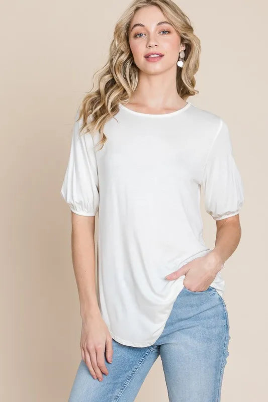 BOMBOM Ivory Round Neck Puff Sleeve T-Shirt IVORY