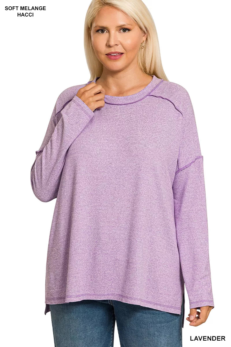 Zenana Lavender Melange Hacci Exposed Seam Hi-low Top