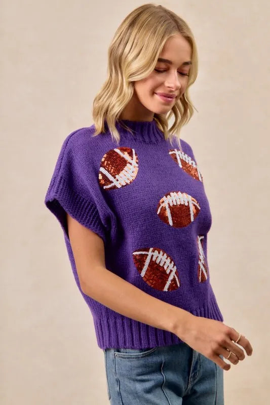 BiBi Purple Game Day Sequin Football Patches Rib Banded Sweater