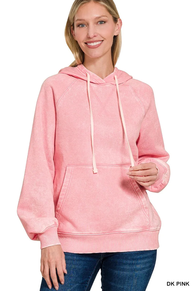 Zenana Dark Pink Acid Wash Fleece Hoodie with Kangaroo Pocket DK PINK