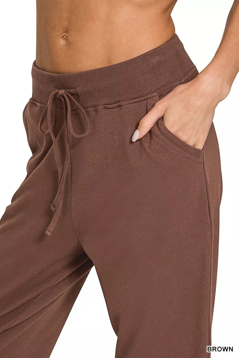Zenana Brown Drawstring Cotton Joggers with Pockets