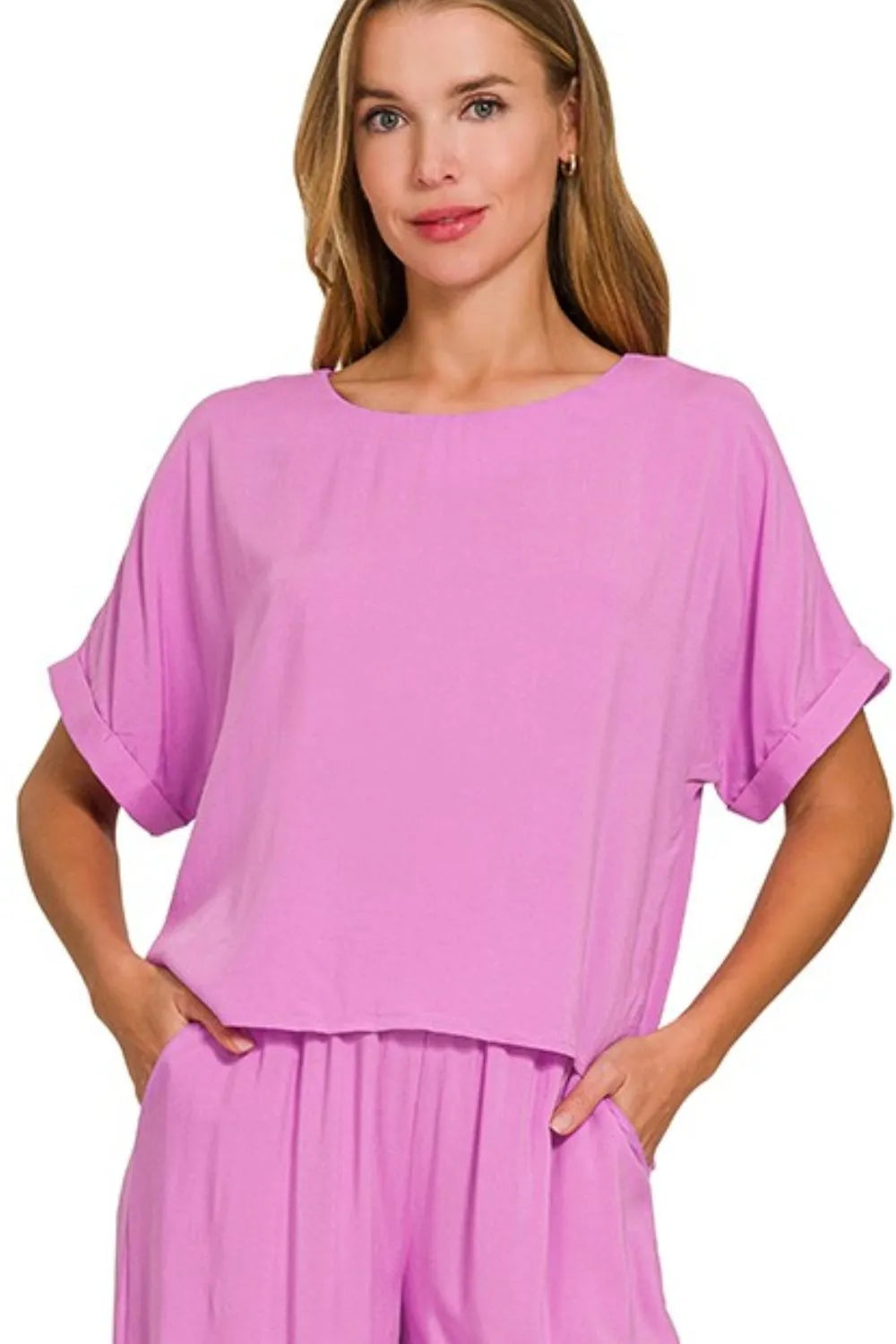 Zenana Bright Mauve Round Neck T-Shirt and Wide Leg Pants Set