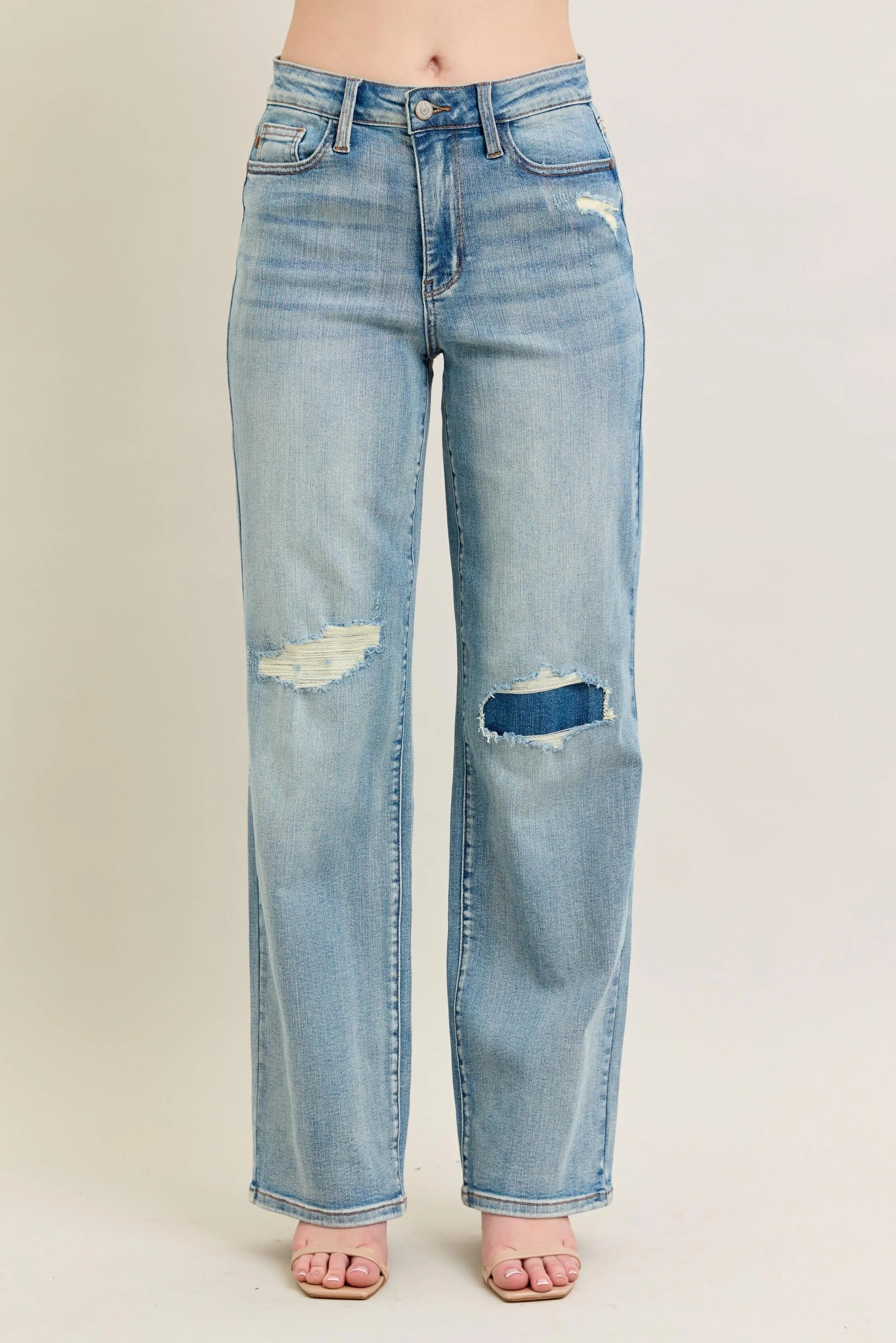 Judy Blue Waisted Distressed & Knee Patch Straight Jeans Medium