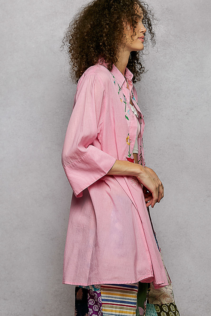 POL PinkFloral Embroidered Half Sleeve Cotton Shirt