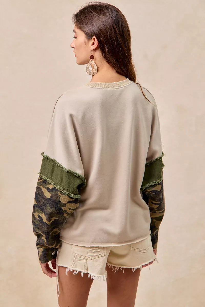 BiBi Taupe & Olive Camo Sleeve French Terry Top with Frayed Edge