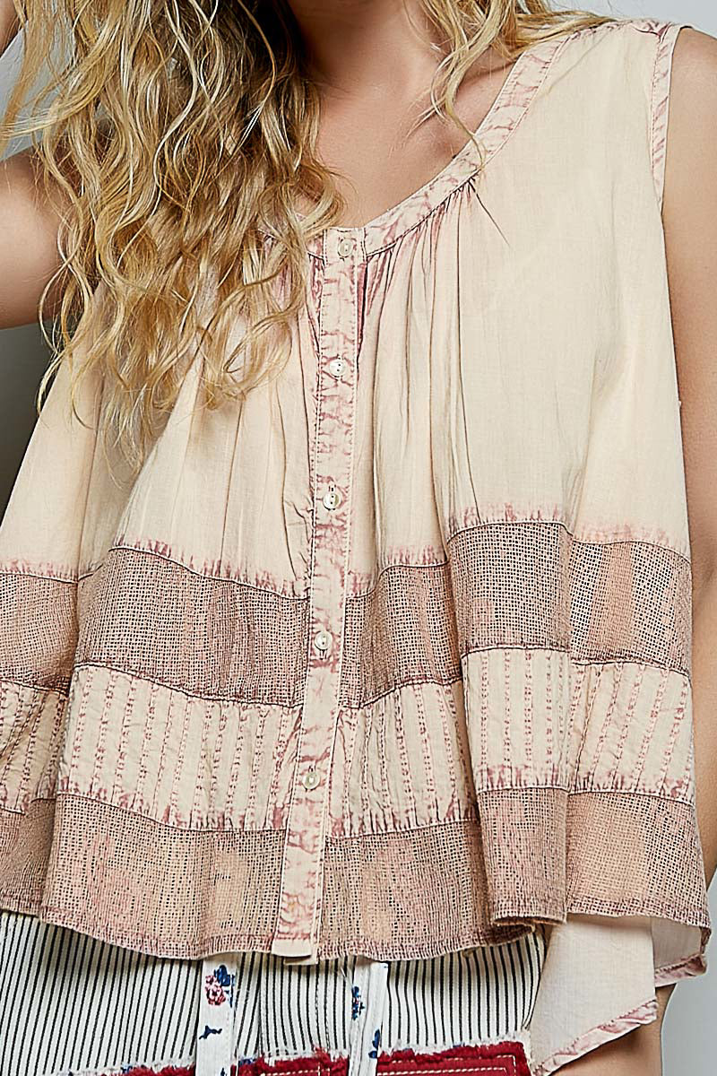 POL Blush Button Down Round Neck Tank with Crochet Contrast