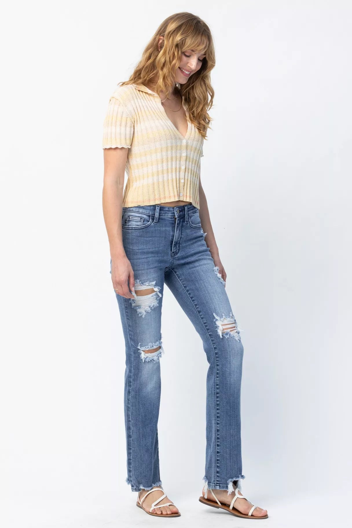 Judy Blue Medium Washed Mid Rise Destroyed Straight Jeans
