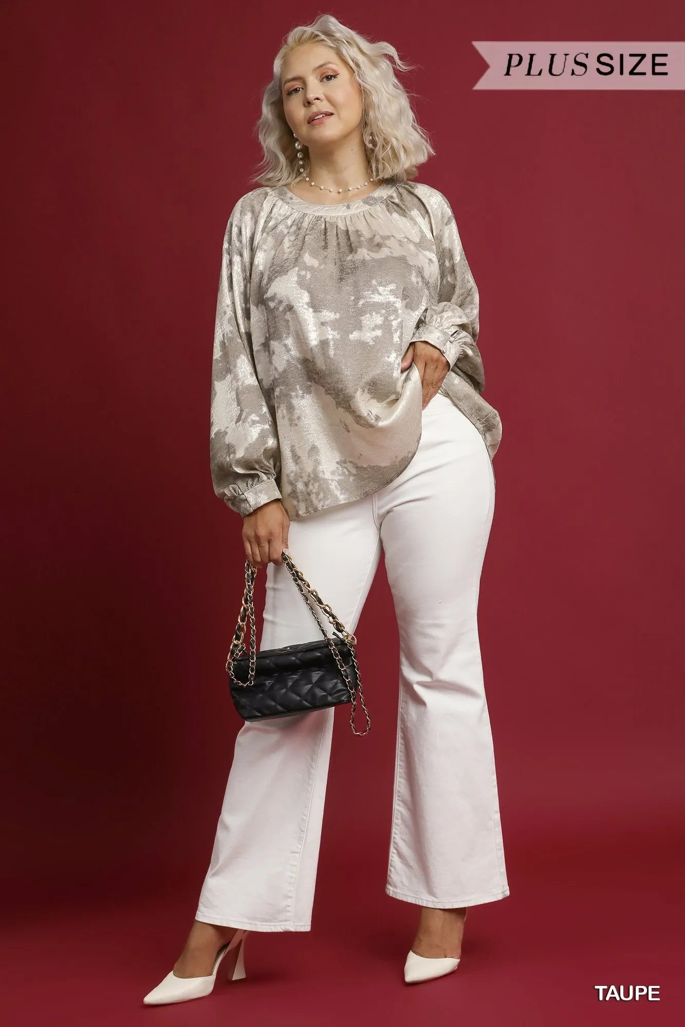 Umgee Taupe Metallic Fabric Blouse with Balloon Sleeves