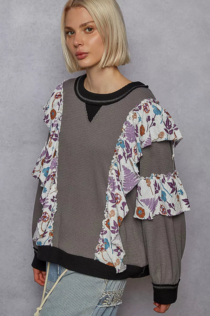 POL Charcoal Round Neck Sweater with Floral Ruffle Detail