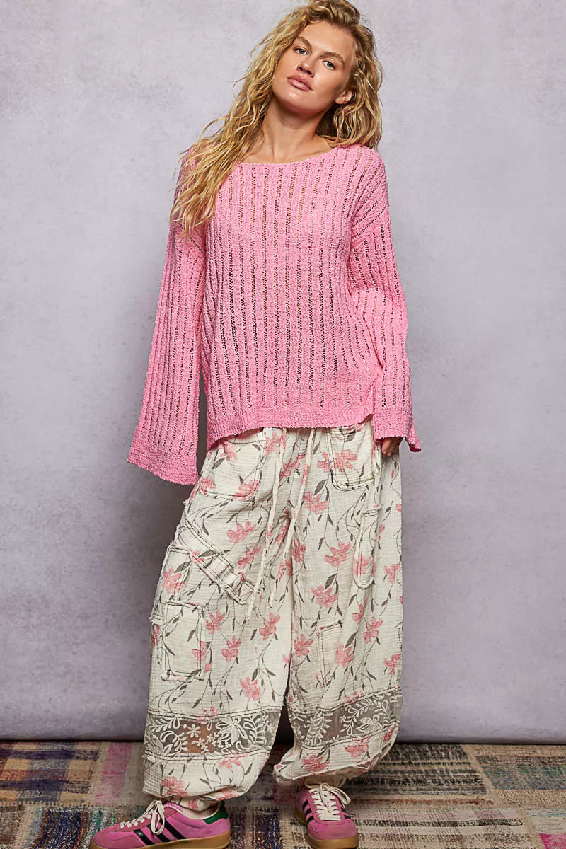 POL Barbie Pink Round Neck Long Sleeve Open Weave Sweater