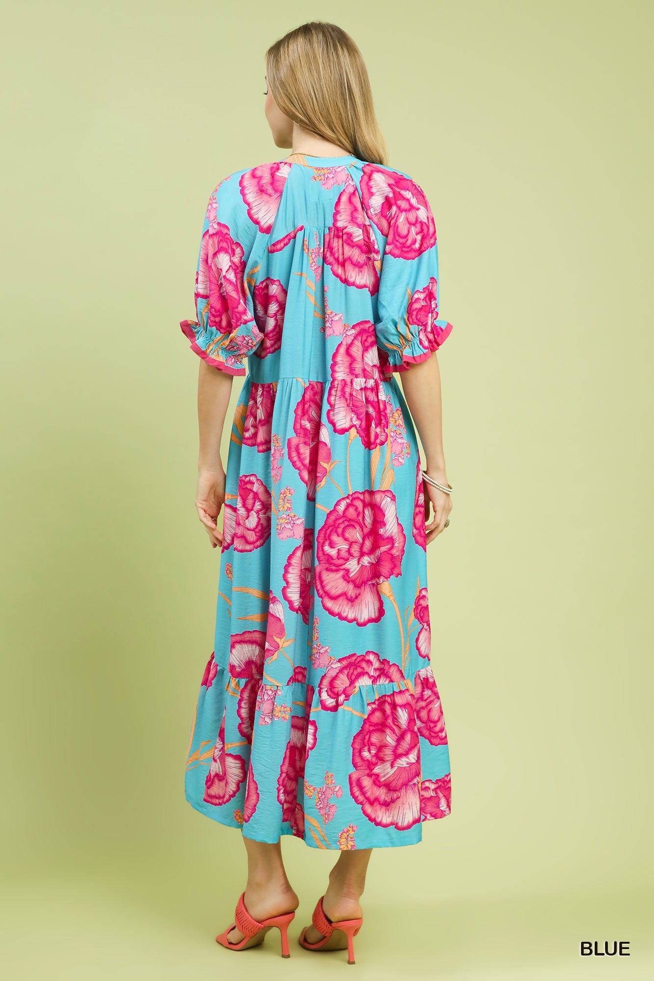 Umgee Blue Floral Print Midi Dress with Contrast Trim