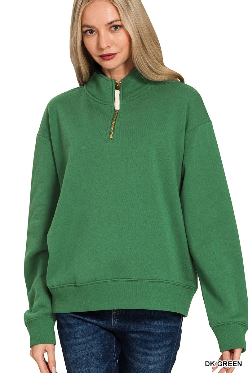 Zenana Dark Green Fleece Half Zip Sweatshirt
