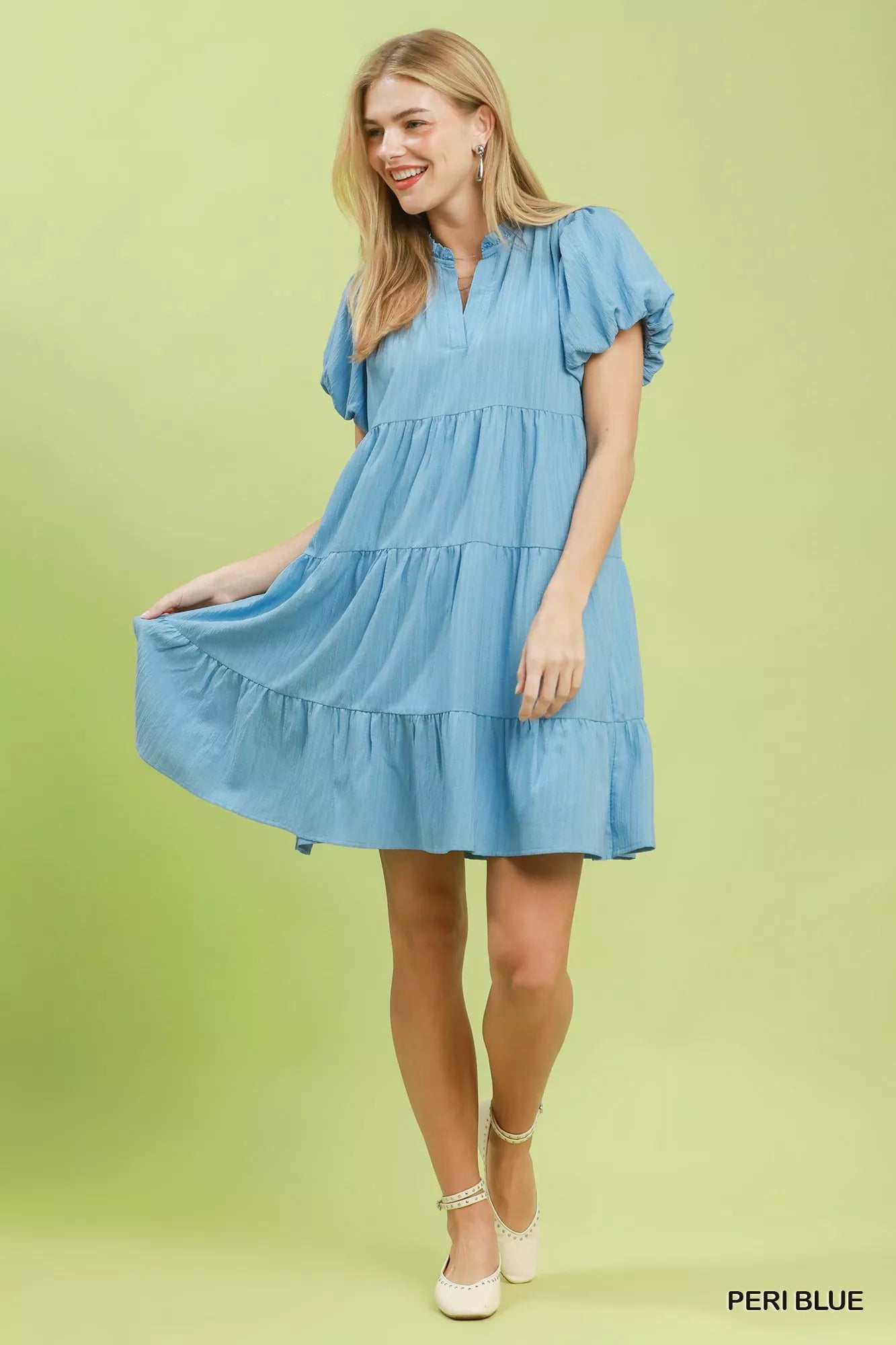 Umgee Peri Blue Puff Sleeve Tiered Babydoll Dress
