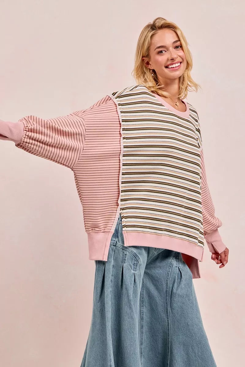 BiBi Oatmeal & Pink Stripe Mixed Top With Cut Edge And Reverse Outseams