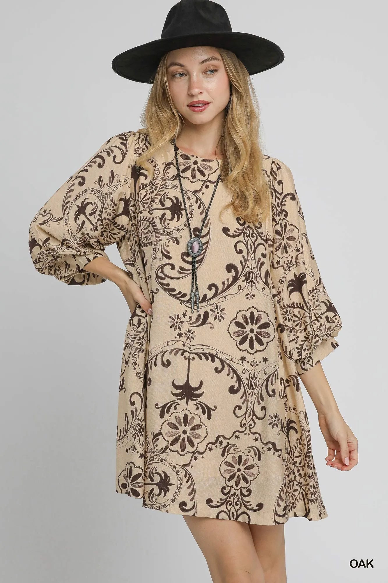 Umgee Oak Boho Printed Balloon Sleeve Mini Dress OAK