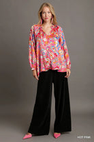 Umgee Hot Pink Satin Paisley FloralRuffle Neck Button-Up Blouse