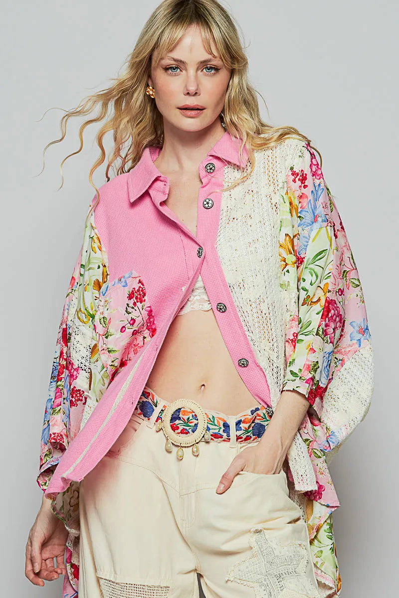 POL Candy Pink Thermal and Crochet Lace Mix Shirt with Floral Pattern