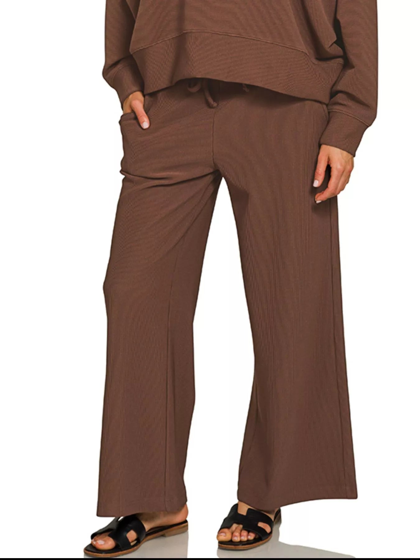 Zenana Brown Ribbed Round Neck Pullover and Drawstring Pants Set
