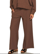 Zenana Brown Ribbed Round Neck Pullover and Drawstring Pants Set