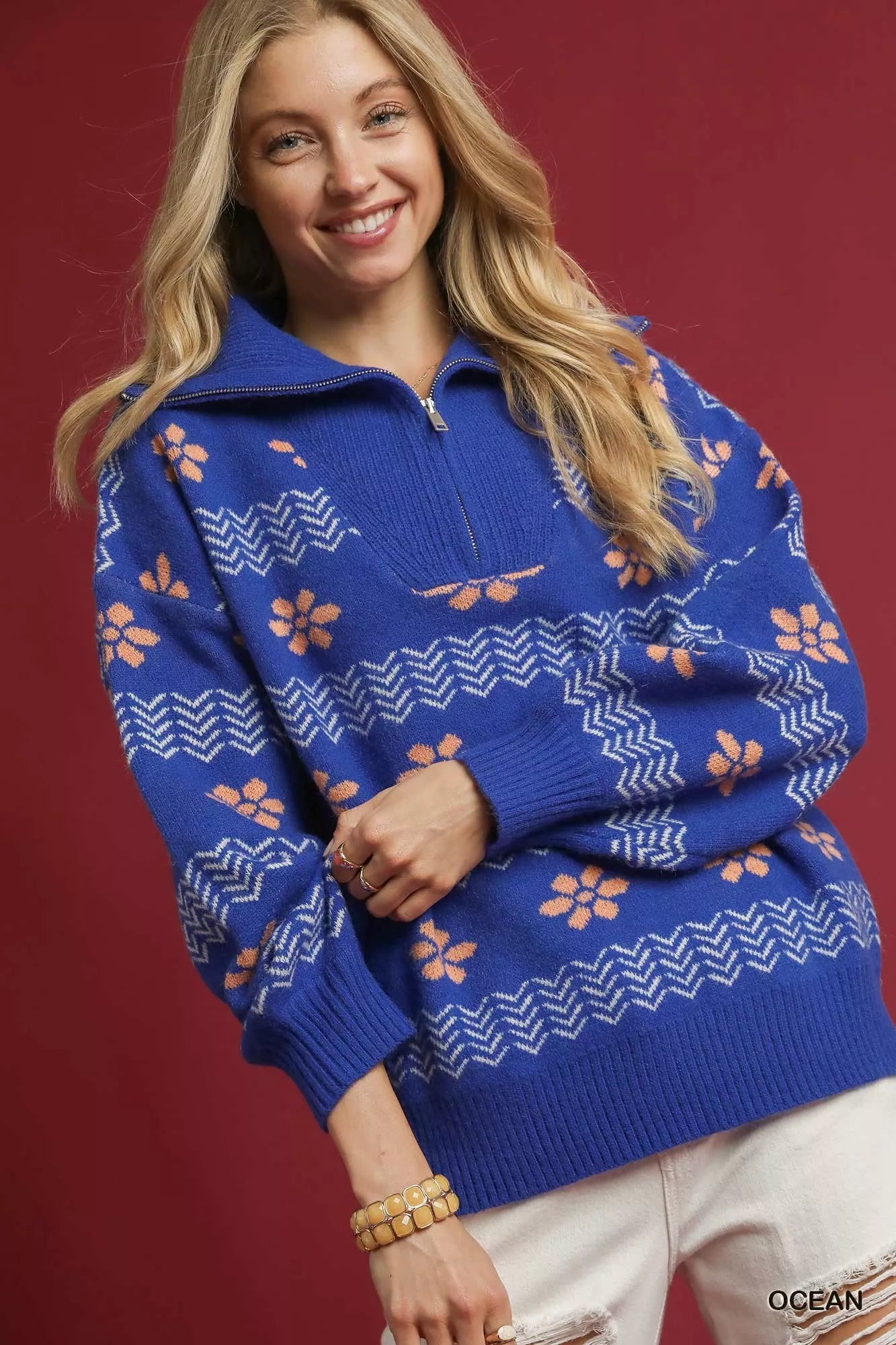 Umgee Ocean Floral Patterned Jacquard Quarter-Zip Pullover Sweater
