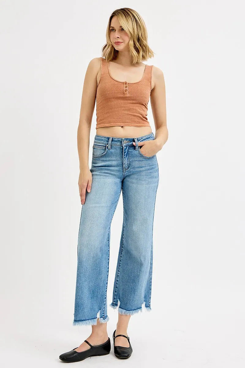 RISEN Light Washed Mid Rise Frayed Hem Crop Wide Leg Jeans