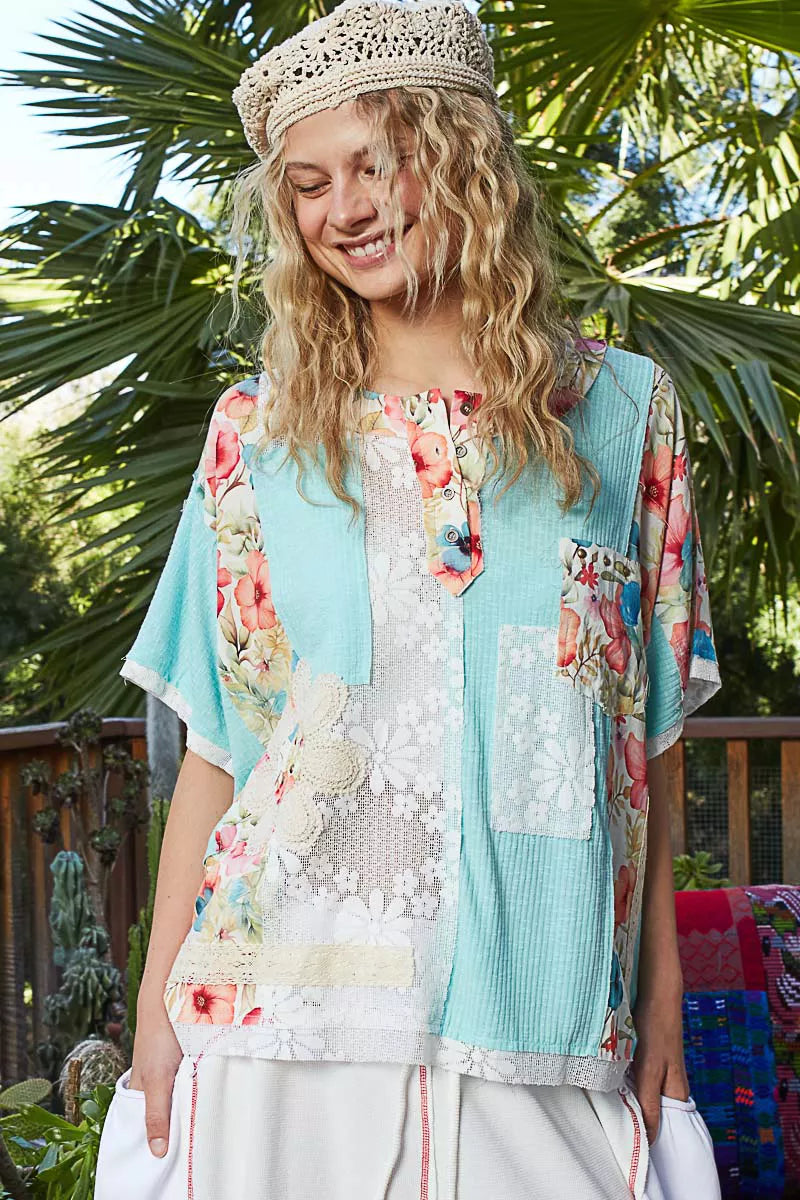 POL Aqua Lace Round Neck Short Sleeve Floral Pattern Top with Patch Detail AQUA