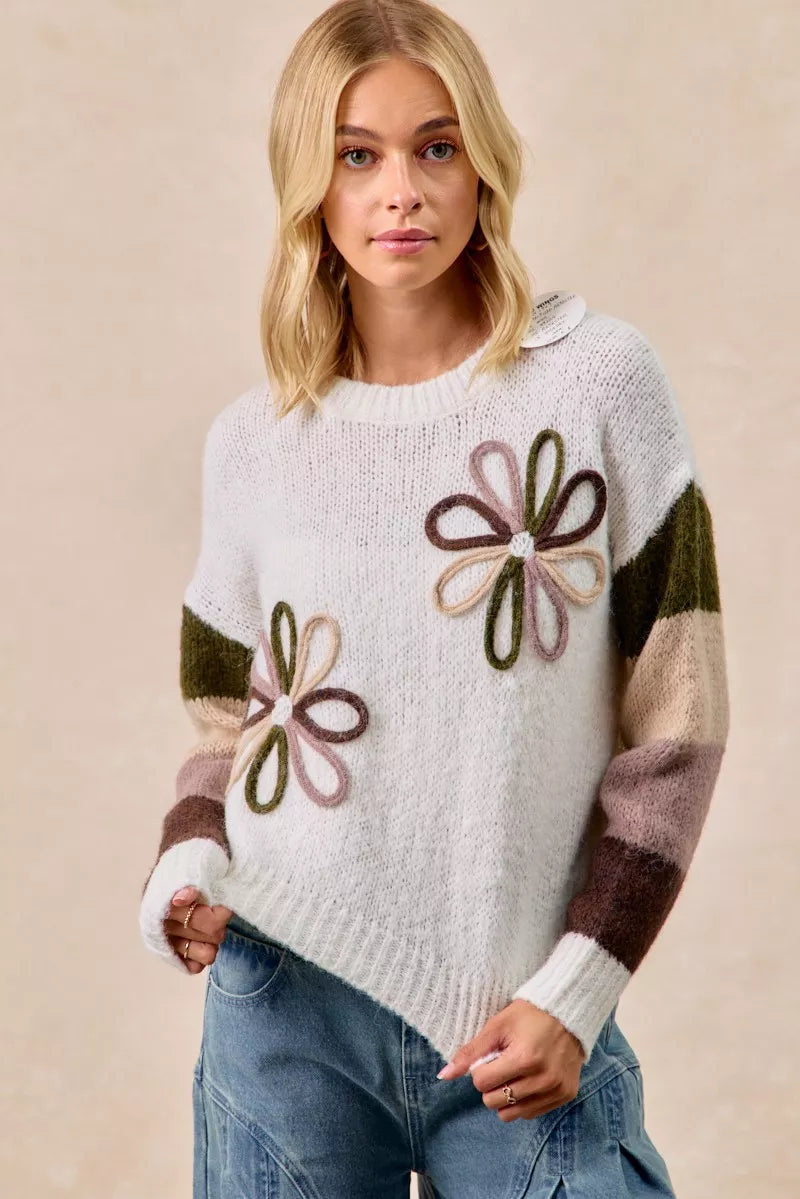 BiBi Ivory & Mocha Flower Color Block Sweater IVORY COMBO