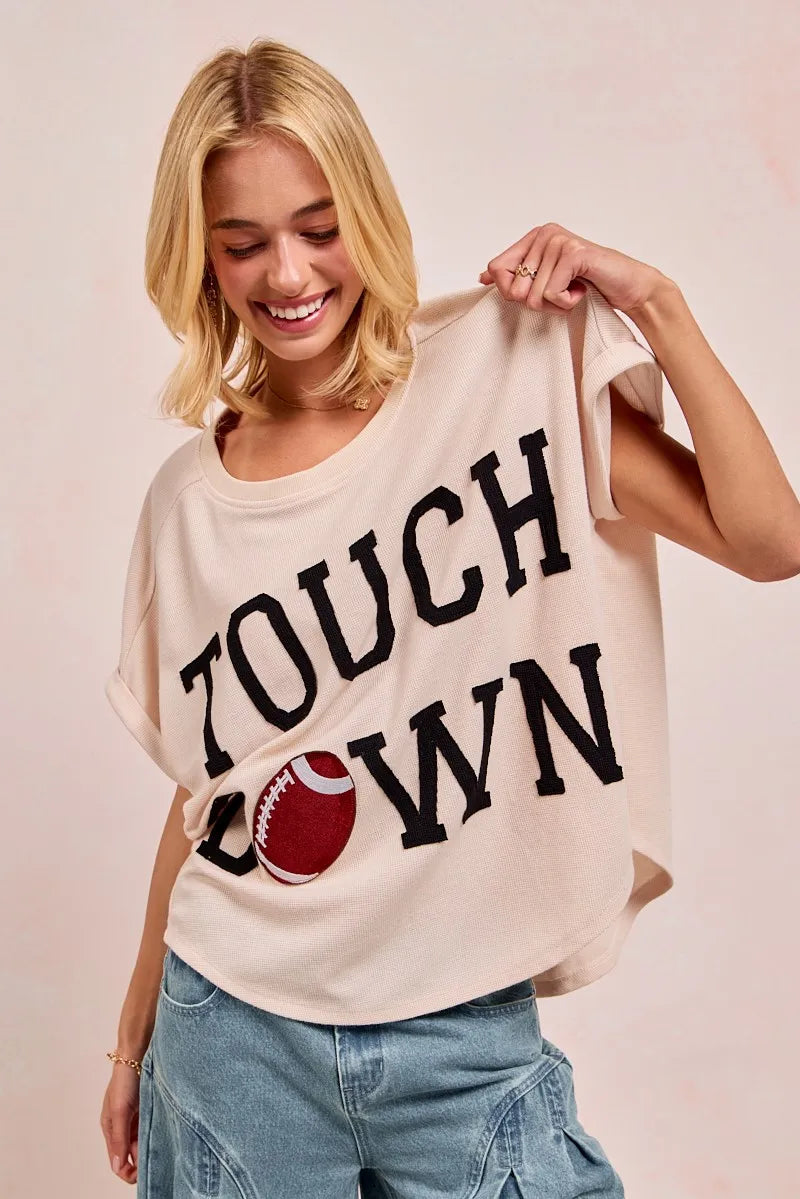 BiBi Oatmeal & Black Game Day Touchdown Letter Patches Waffle Short Top