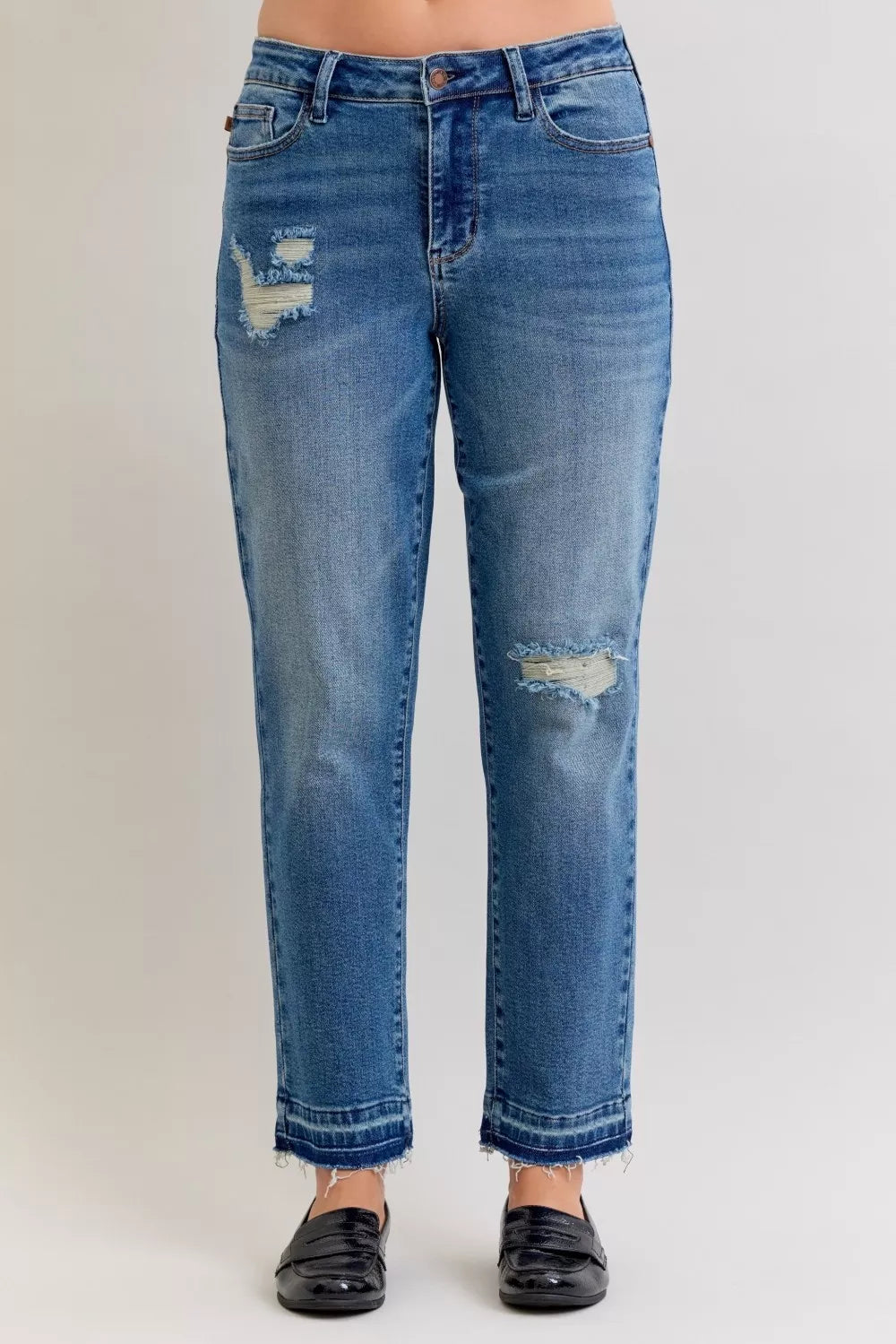 Judy Blue Mid Rise Boyfriend Patch & Repair Destroyed Release Hem Jeans MD