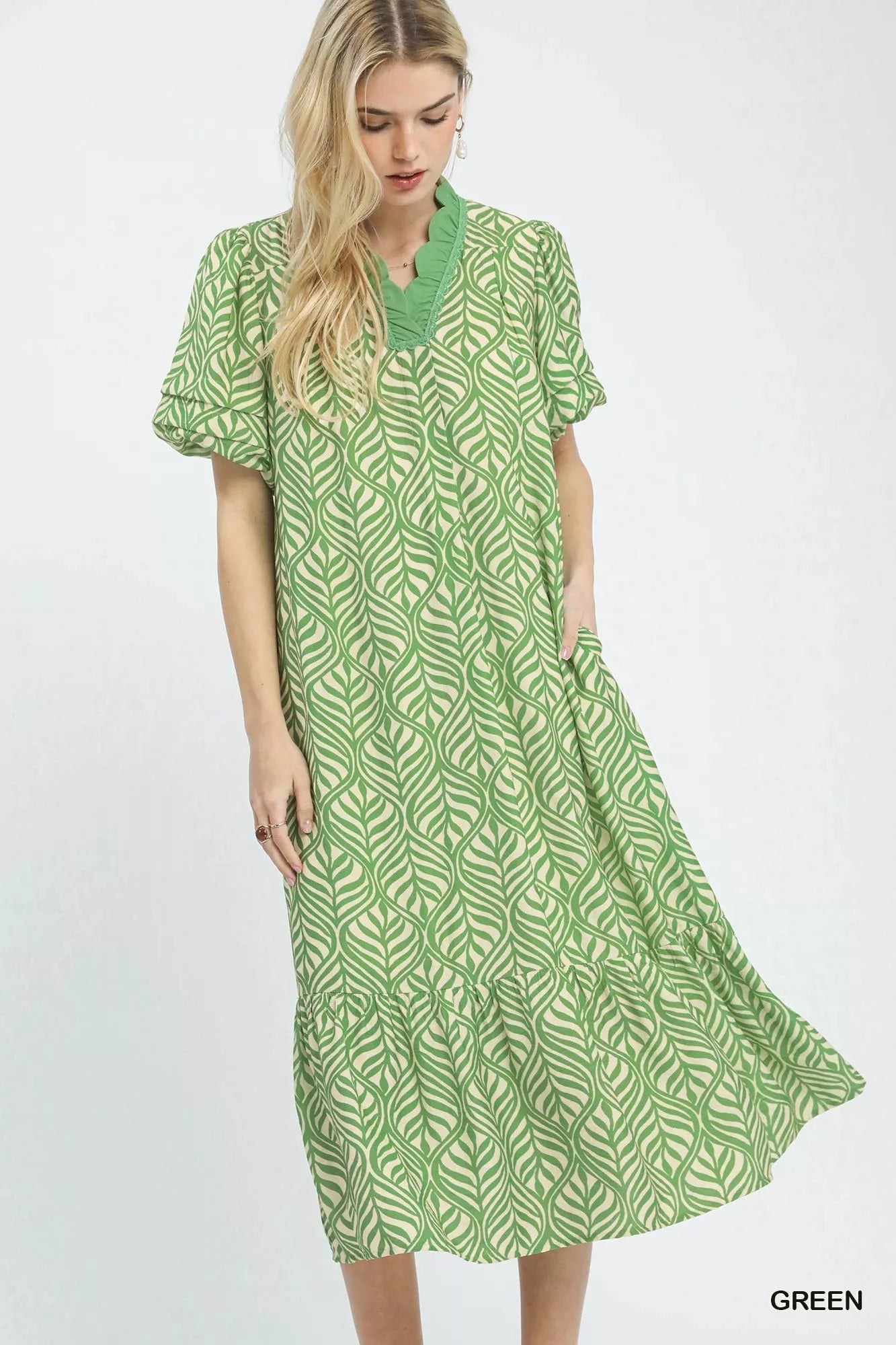 Umgee Green Leaf Print Ruffle Neck Midi Dress GREEN