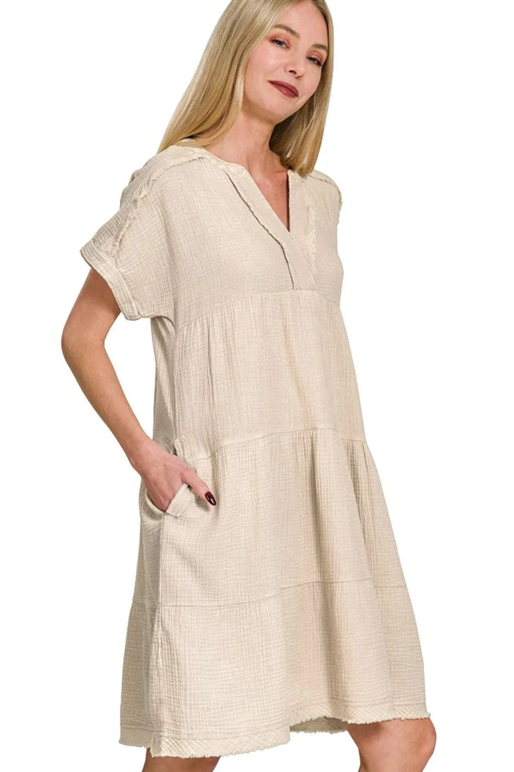 Zenana Sand Beige Washed Double Gauze Raw Edge V-neck Dress SAND BEIGE