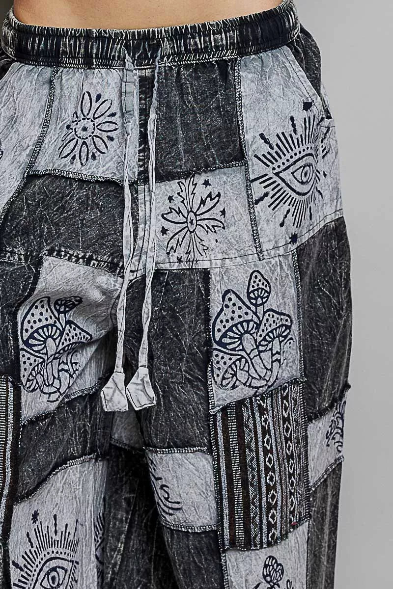 POL Black Multi Drawstring Bohemian Patchwork Wide Leg Pants