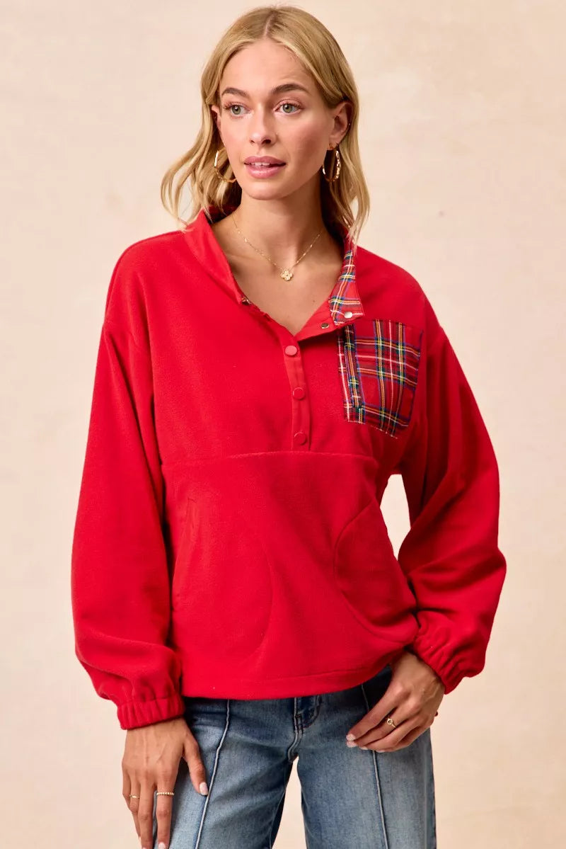 BiBi Red Christmas Theme Fleece Buttoned Top with Pockets